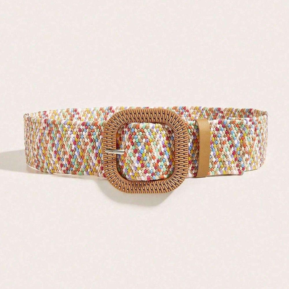 Vintage Woven Boho Straw Weave Belt Retro Hollow Out Bohemian Style Belt Wide PU Leather Ethnic Style Waistband Dress Decoration