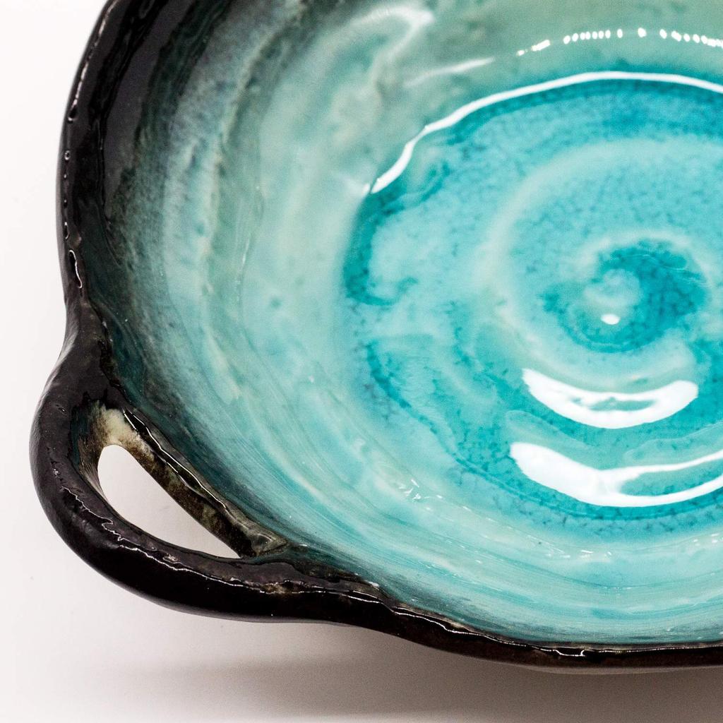 Mino ware handmade bowl, approx. 26 x 21 x 6 cm, Shinkai glaze, made in Japan 508-15