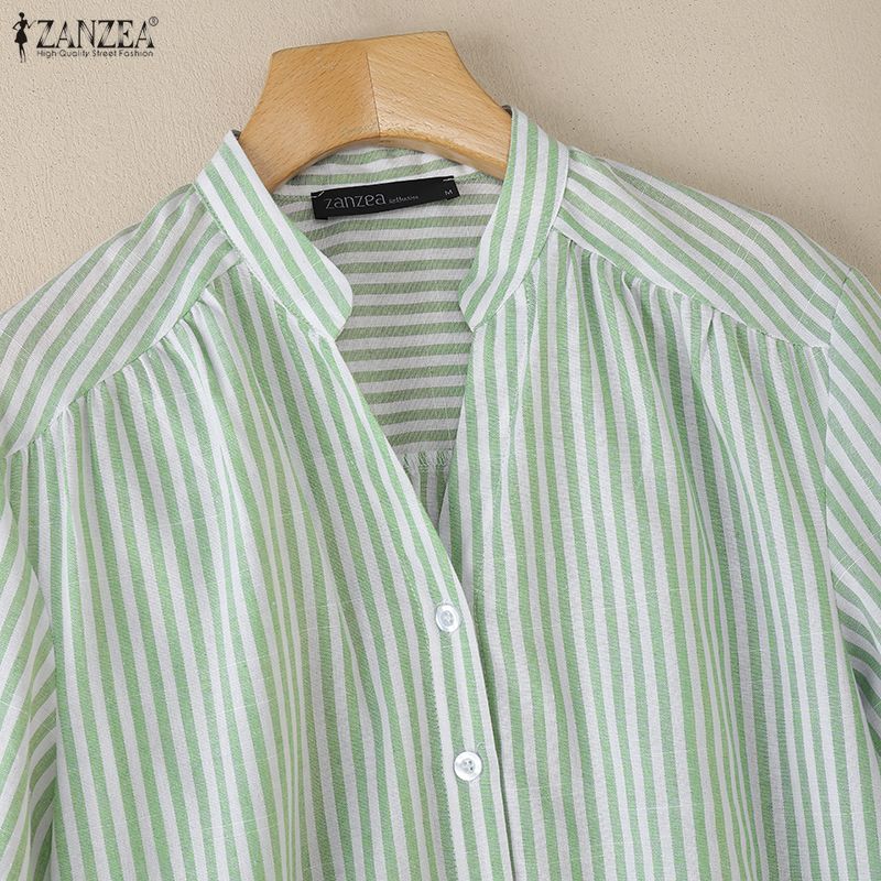 ZANZEA Women Casual V-Neck Half Sleeve Loose Stripe Blouse