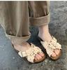 Elegant round Toe Flat Bottom Slippers Korean Style Casual Floral Open Toe Flat Heel Women's Sandals Comfortable Microfiber