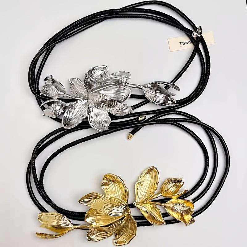 1PC Exaggerated Gold Tulip Flower Belt with Skirt Pants Decorative Retro Small Fragrant Black Leather Rope Waist Chain