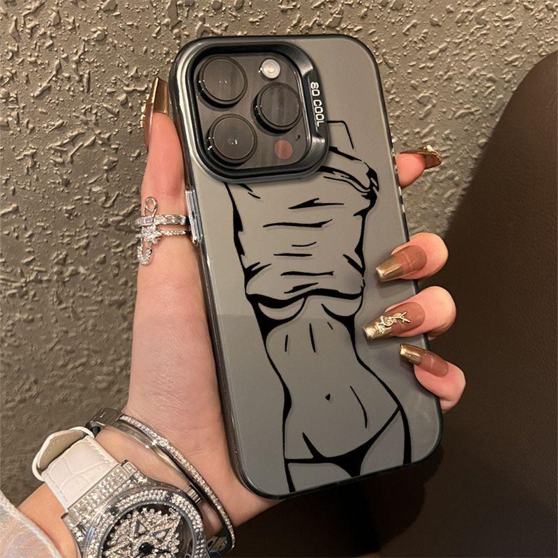 Line Beautiful Woman Mobile Phone Case, Suitable for Apple 15Pro Mobile Phone Case iPhone13/12/14 Colored Silver Anti-drop Transparent