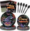 Glowing Disposable Halloween Tableware Complete Set Fluorescent Plates Napkins Tablecloth Party Dinner Kit Dark Decor