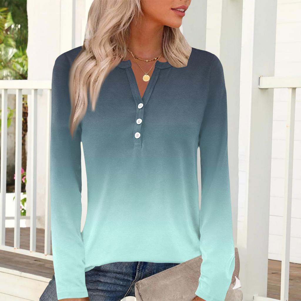 Women's Casual And Fashionable T-shirt With Gradient Print, Round Neck And Long Sleeves.