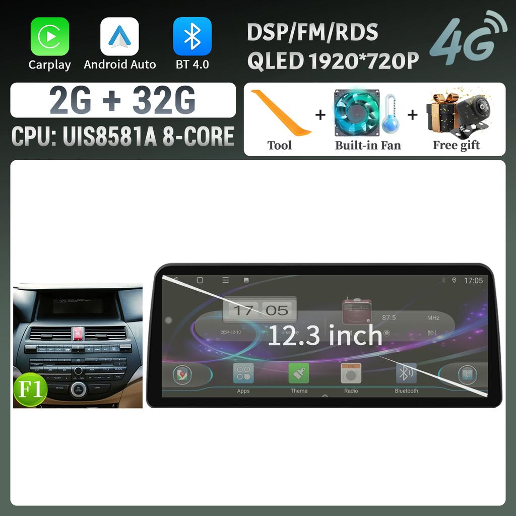 12.3inch Android For Honda Accord 2008-2012 Car Radio Multimedia Navigation 4G GPS Wireless BT CarPlay Touch Head Unit Screen