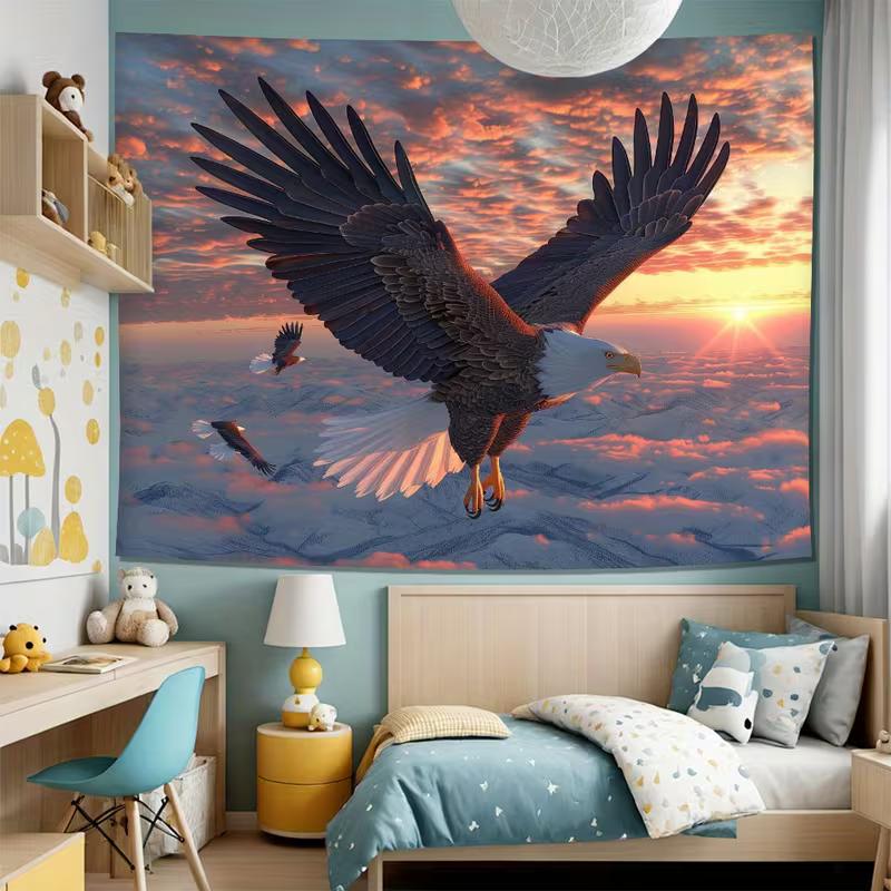 2D Majestic Bald Eagle Tapestry, Sunrise Sky & Mountains Wall Art for Home Decor