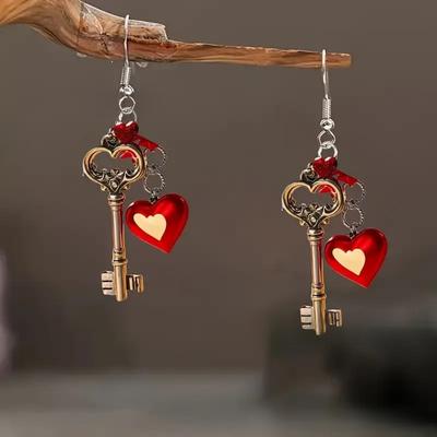 Heart-Shaped Key and Love Lock Pendant Earrings