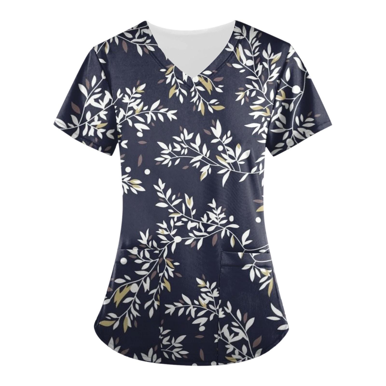 

Женские топы с короткими рукавами и v-образным вырезом с цветочным принтом, рабочая униформа, карманная блузка XXL белый