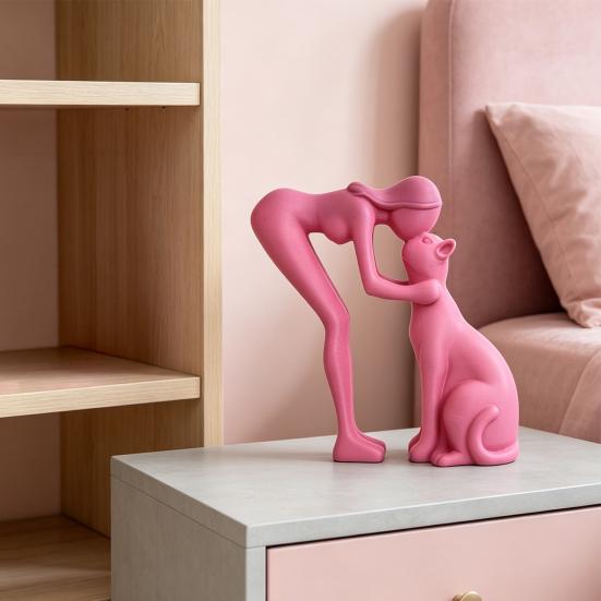 3D Printed Minimalist Woman Petting Cat Figurine Black White Love Statue Modern Art Sculpture for Desk Shelf Home Decor Creative Gift for Couples