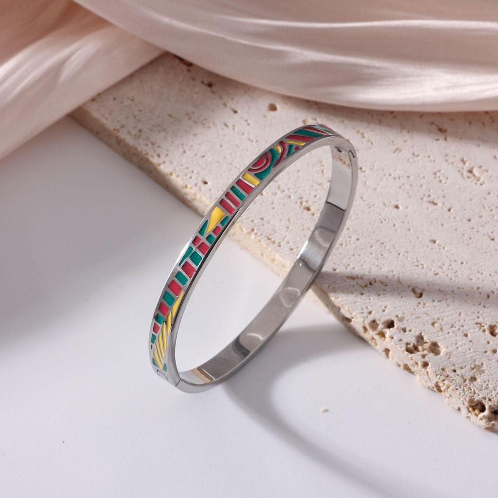 18K Electroplated Women's Retro Enamel Drip Oil Titanium Steel Bracelet, 6mm