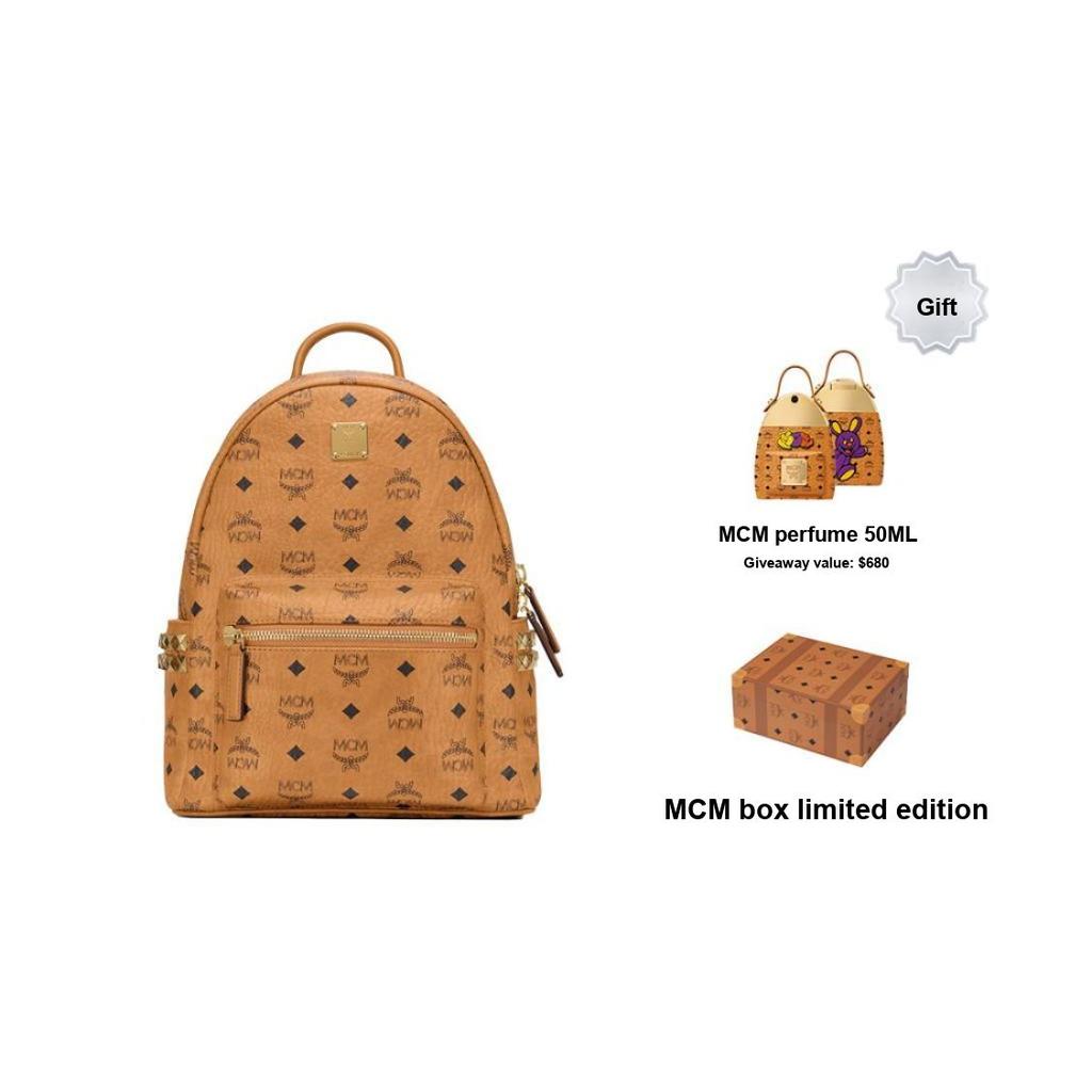 MCM Stark Classic Monogram Oboustranný s cvočky Batoh na dojíždění a párty z plátna a kůže Unisex batoh Hnědý Cognac MMKAAVE15CO001