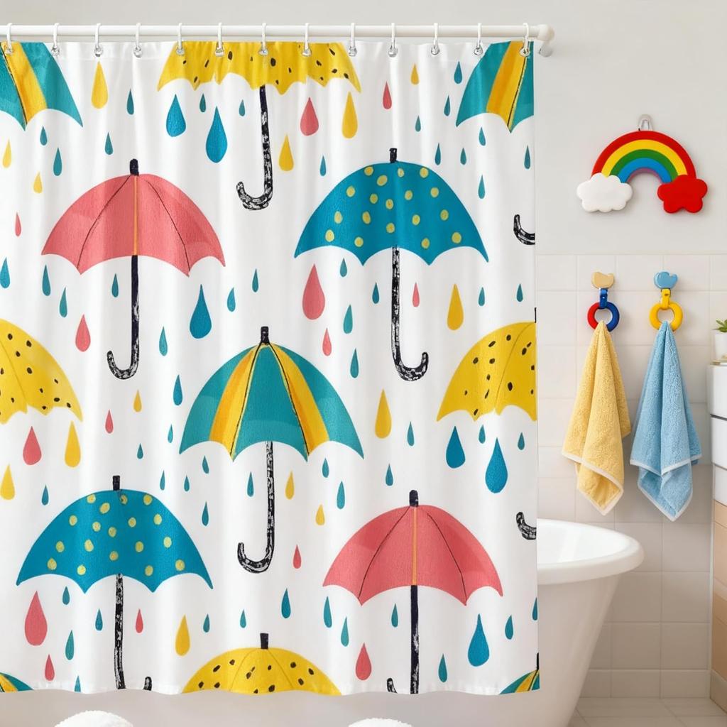 Colorful Umbrellas and Raindrops Shower Curtain Vibrant Pattern with Pink Yellow and Blue Umbrellas Rainy Day Weather Bathroom