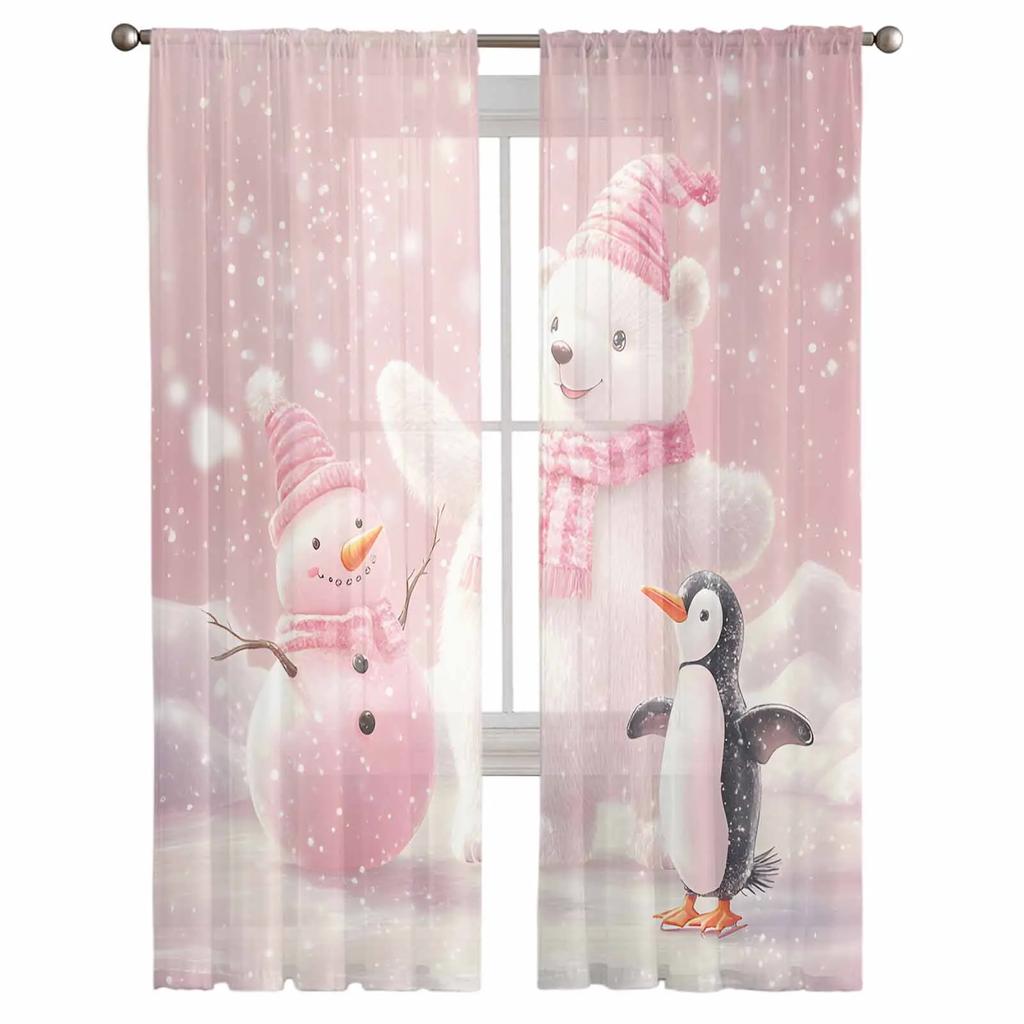 Christmas Pink White Bear Penguin Sheer Curtains for Living Room Decoration Window Curtains Kitchen Tulle Voile Curtains