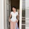 Pure desire white V-neck lace splicing short-sleeved T-shirt women's summer new slim-fitting front shoulder short top