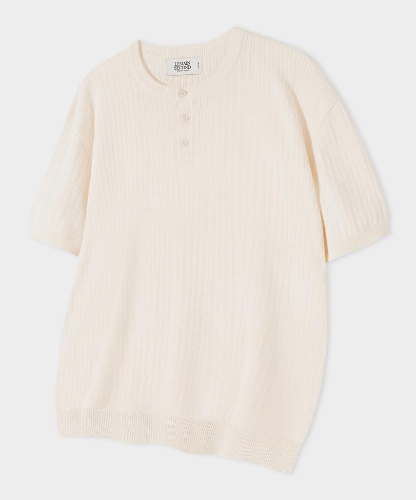 LEMAIN SECOND Classic Henley Neck Washable Short Sleeve Knit [Ivory]