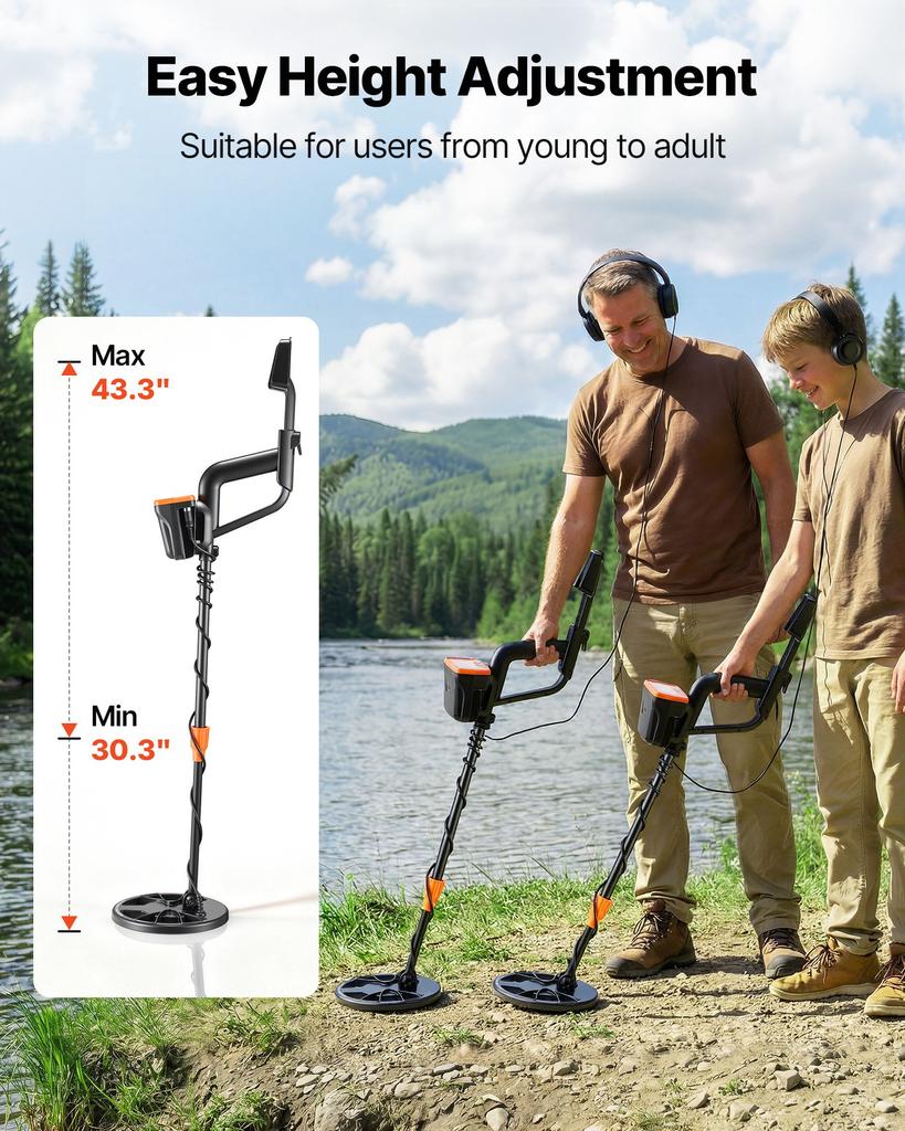 VEVOR Detector de Metales para Adultos, 203,2 mm, Detector de Oro Profesional de Alta Precisión, Bobina de Búsqueda Impermeable IP68 con Pantalla, Auriculares, 3 Modos