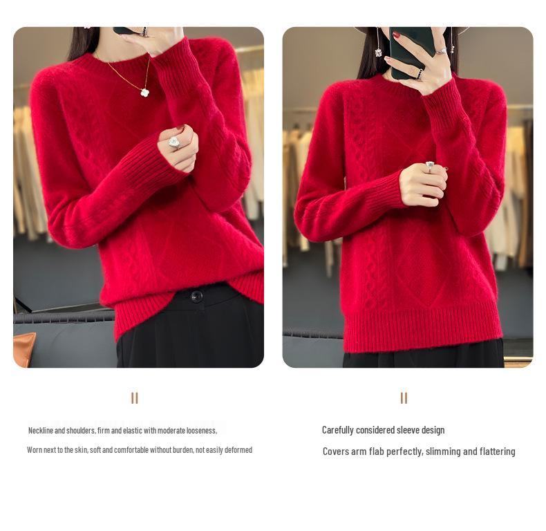 Women's Autumn/Winter Round Neck Twisted Pattern Wool Sweater - Solid Color Knitted Base Layer, Loose Fit