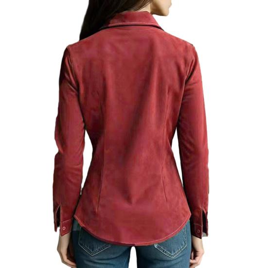 Women Shirt Lapel Long Sleeve Buttons Closure Slim Fit Shirt Suede Texture Retro Solid Color Casual Shirt Tops