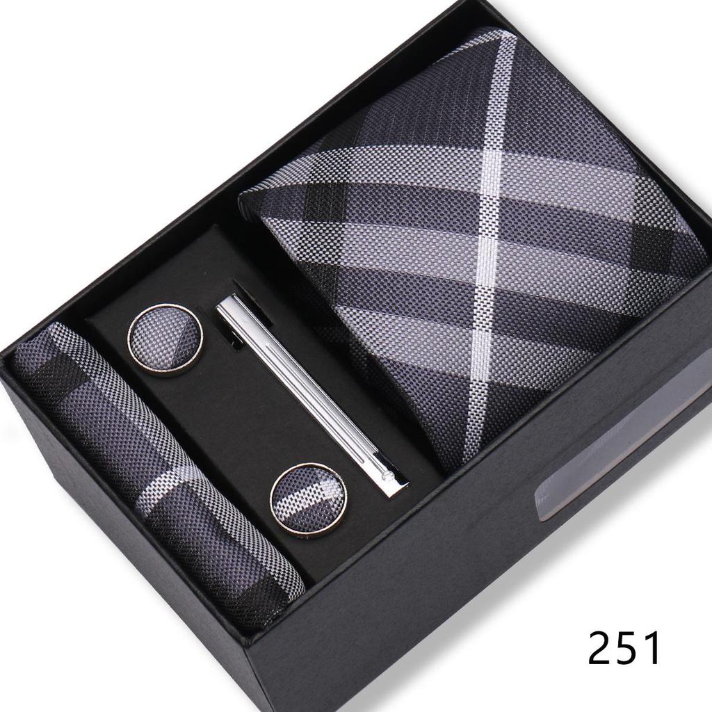 Men's Black & Wine Red Striped Plaid Tie Set with Pocket Square - Formal Wedding Gift Box