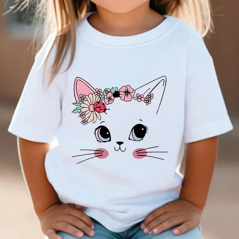 Summer Kids T Shirt Flower Cat Graphic Shirt Girls Floral Funny Tops White Short Sleeve Wild Tee Cute Animal Cartoon Cat T-shirt