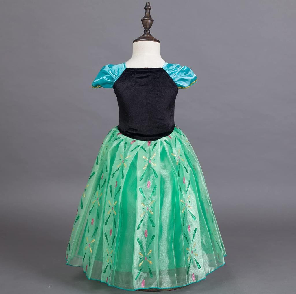 Kids Princess Elsa Dress Costume Frozen Elsa Dress Luxury Set Green Heart Magic Braided [YITING] 5-Piece - (Princess Dress, Tiara, Wand, Gloves, Wig)