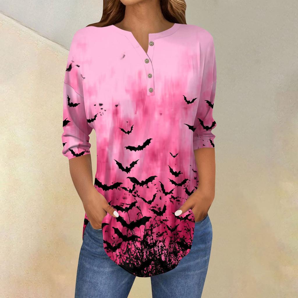 Women's Fashion Loose Button Collar Halloween Print Long Sleeve T-Shirt Top Pullover