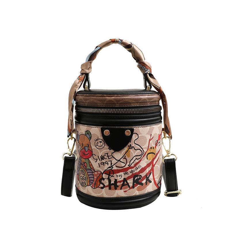 2024 New Fashion Graffiti Bucket Bag Women Street Style Round Cylinder Bag