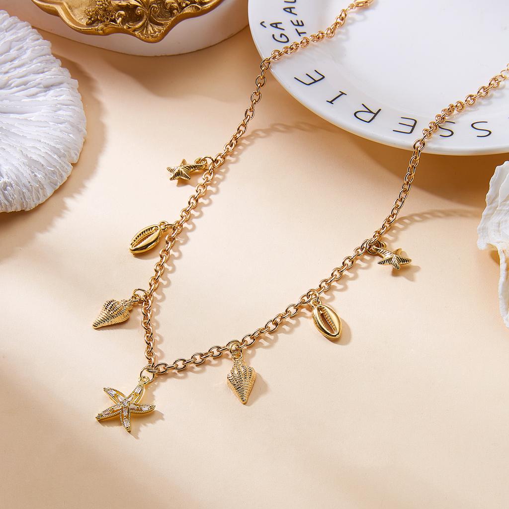 Bohemian Zircon Starfish Shell Conch Pendant Necklace for Women Imitation Pearl Turtle Metal Chain Choker Beach Vacation Jewelry