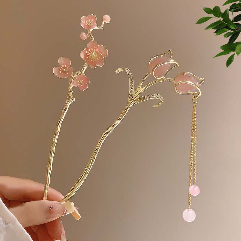 Vintage Chinese Style Pink Flower Hair Sticks For Women Elegant Crystal Tassel Hairpins Hair Buns Hanfu Headwear  Hair Ornaments