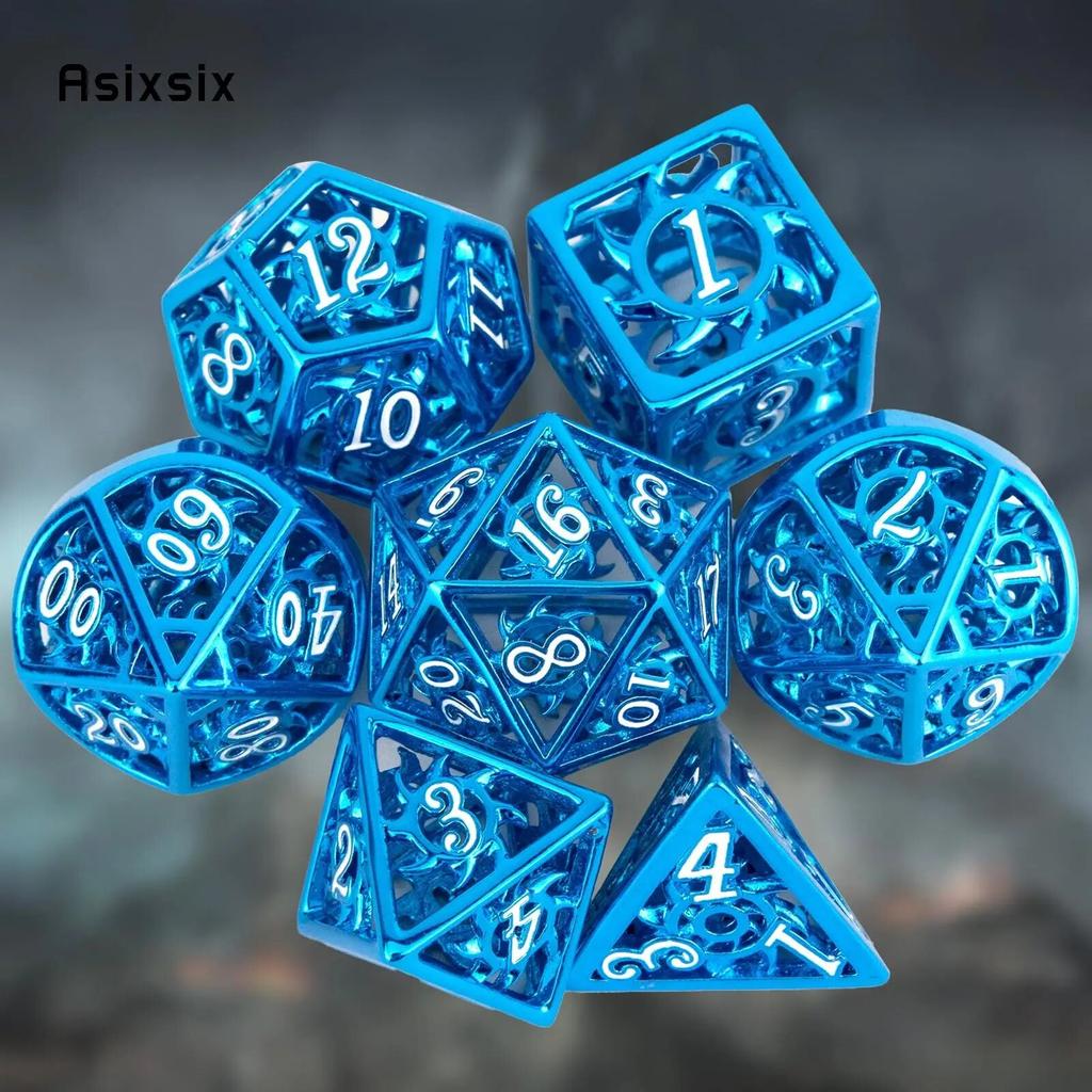 7 Pcs Blue White Rotary Cyclone Metal Dice Hollow Metal Polyhedral Dice Set Suitable for Role-Playing RPG  Board Game Card Game