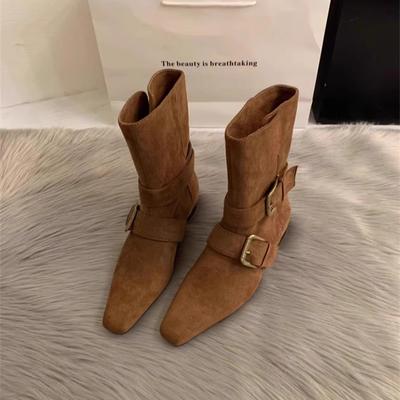 2025 Korean Version of the New Niche Design Retro French Short Boots Square Head Western Boots Medium Boots Women's Martin Boots