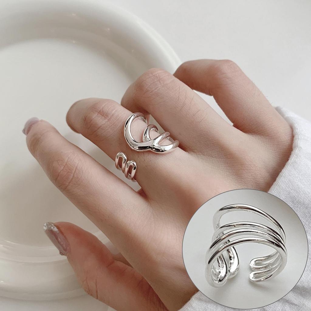 Korean Retro Geometric 925 Silver Plated Open Ring for Women