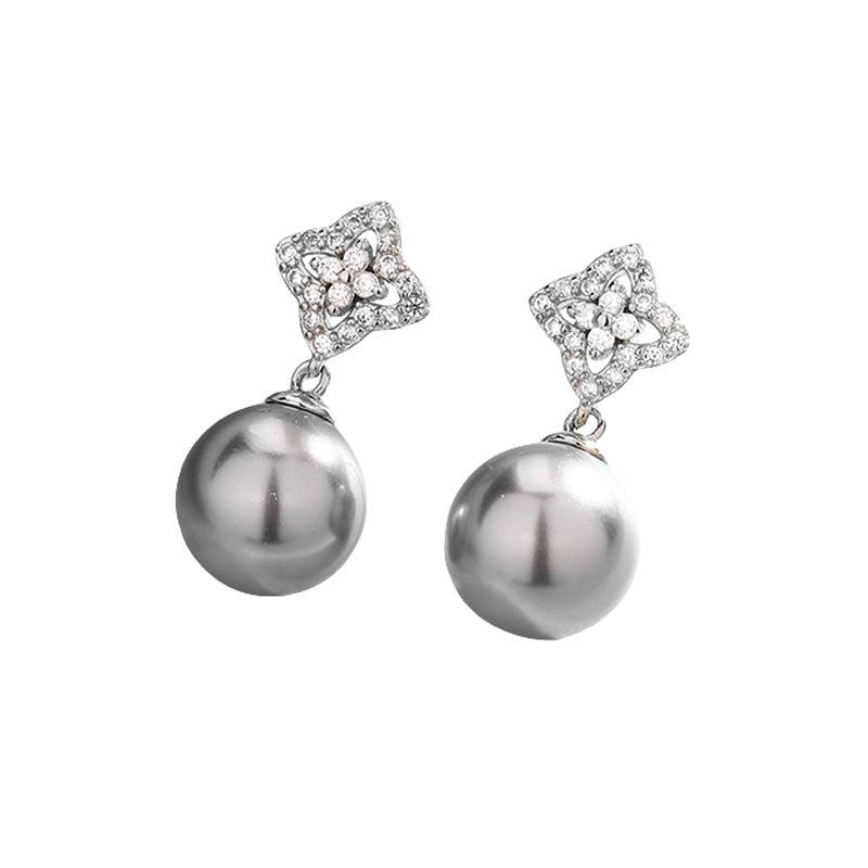 Hollow Four-Leaf Clover White Pearl Stud Earrings Exquisite Cold Wind Super Flash Zircon Flower Gray Bead Earrings