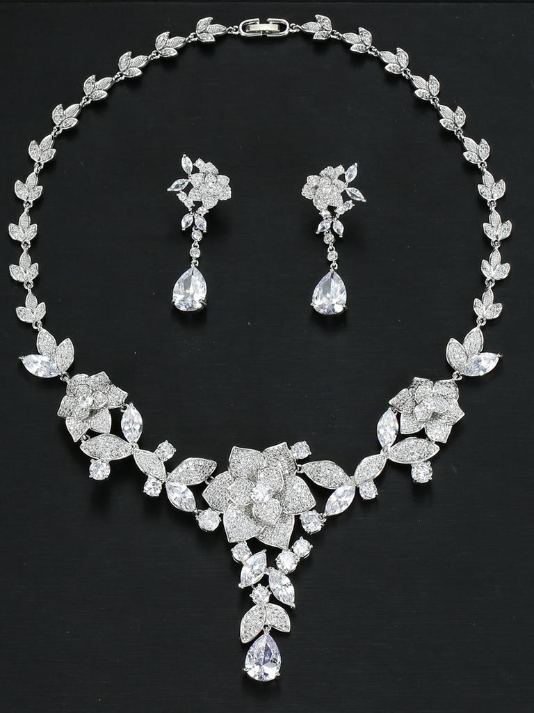 Luxury Camellia Bridal Zircon Necklace Earrings Set Gala Wedding Dress High-end Jewelry Ladies