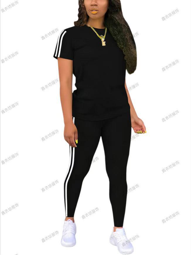 Southeast Asian Women s Casual Sports Set: Solid Color Short-Sleeved Top  Long Pants XXL