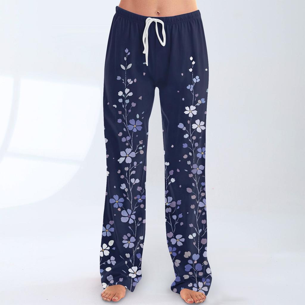 Pantalon Casual Imprimé à Taille Élastique à Cordon de Serrage, Coupe Ample pour Femme