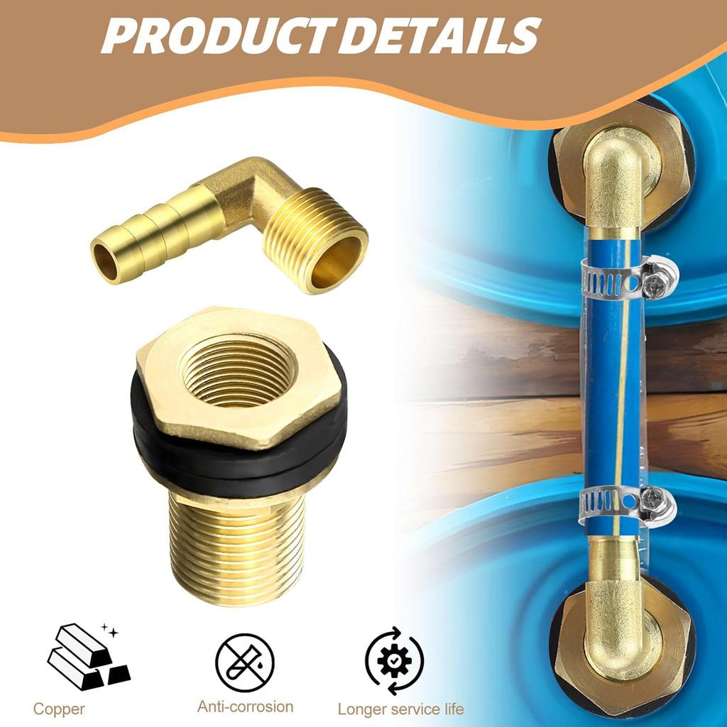 Brass Water Tank Fitting Set Metal Tank Connectors Barrel Fittings Upgrades for Buckets Containers & Irrigation Use