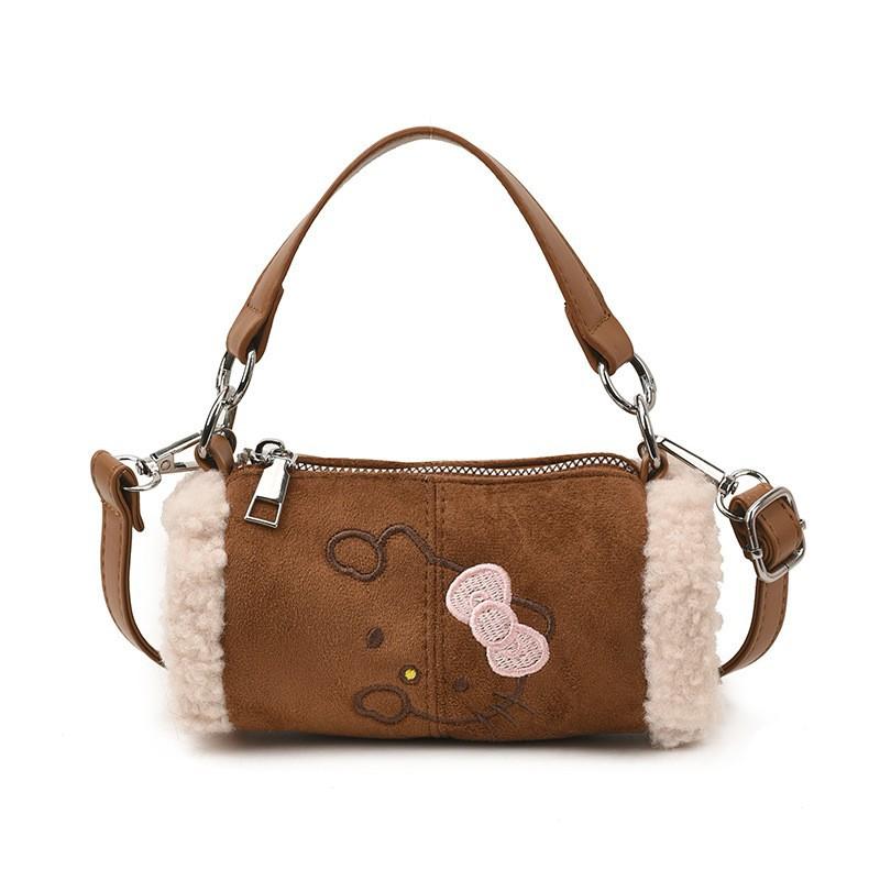 Ins Internet Celebrity Cute Cylindrical Bag Female Niche Cartoon Cross-body Korean Plush Splicing Handbag