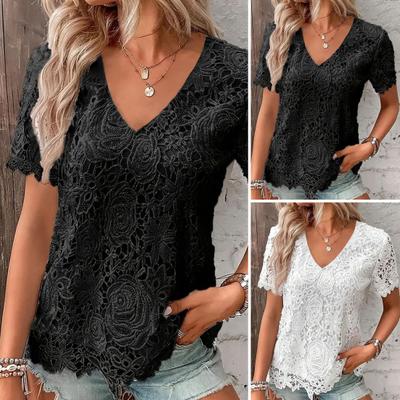 Women T-shirt V-neck Short Sleeve Casual Tee Shirt Hollow Embroidery Lace Pullover Tops Streetwear