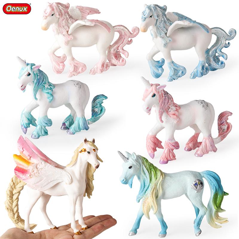 Oenux Mythical Rainbow Pegasus Simulation Animal Figures Model Fairy Tale Fly Horse Action PVC Educational Toys Girl Gift