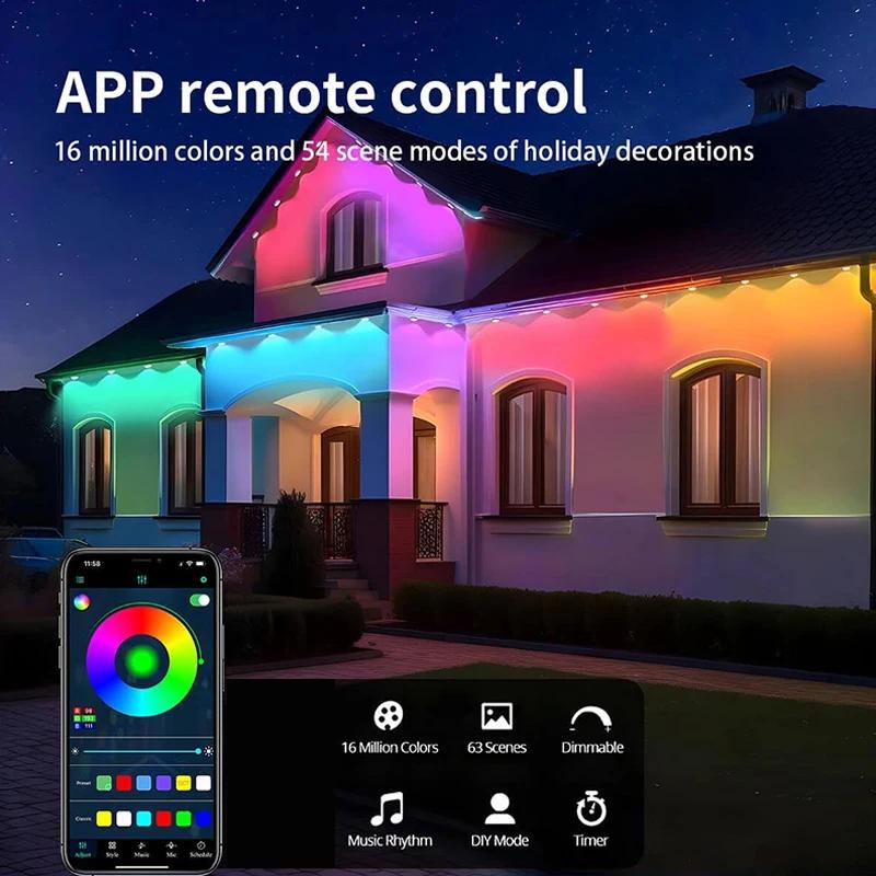 Smart RGBIC Eaves LED Strings Permanent Outdoor Lights Bluetooth Light DIY Waterproof Music Sync for Party Christmas Holiday