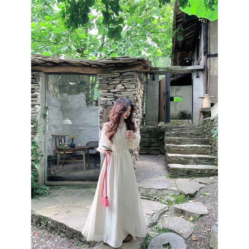 French Style Sweet Style Lace Patchwork Niche style Age-reducing Long sleeves Dress Women's Autumn Waist Slim Looking A- line Skirt Long Skirt