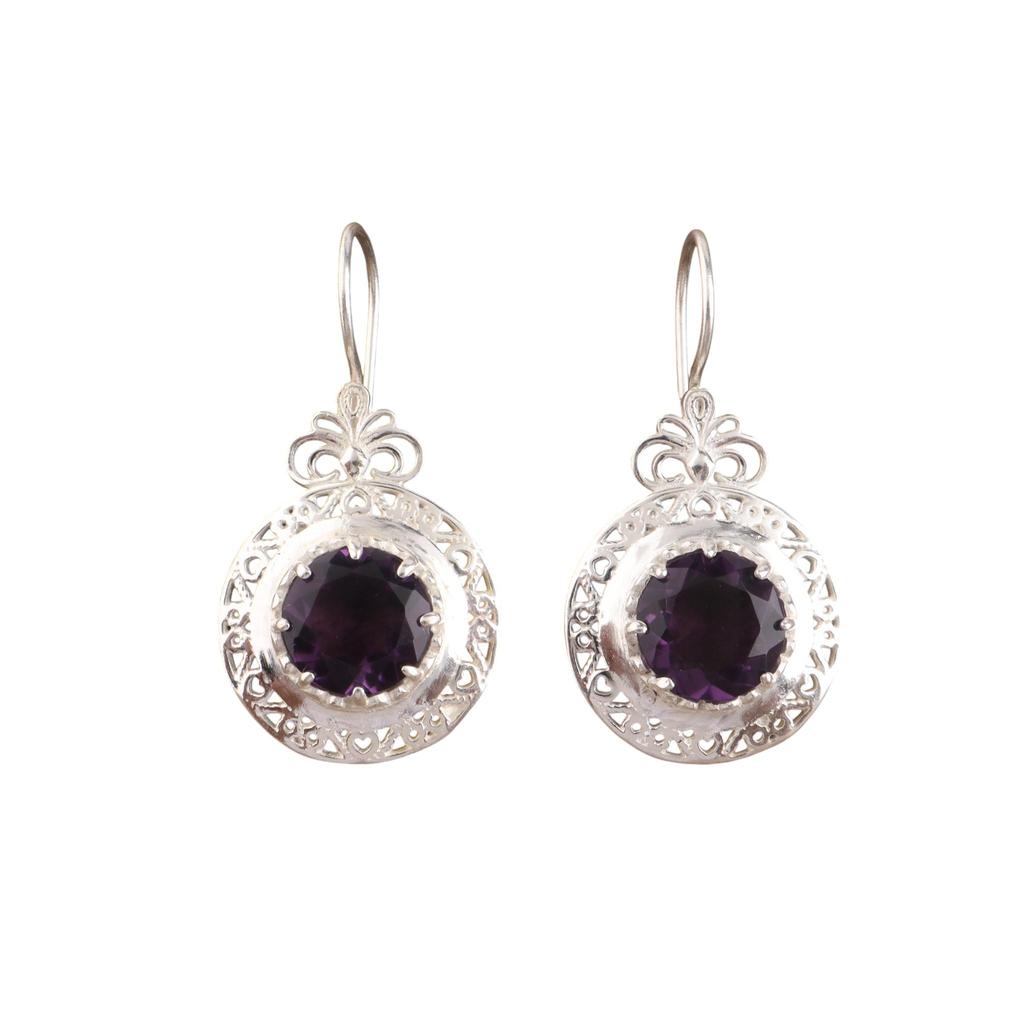 Amethyst Gemstone Silver Earring 1.5" , 925 Sterling Silver Women Jewelry, Amethyst Bohemian Jewelry, Earring For Valentine's Day Gift CE-25-16