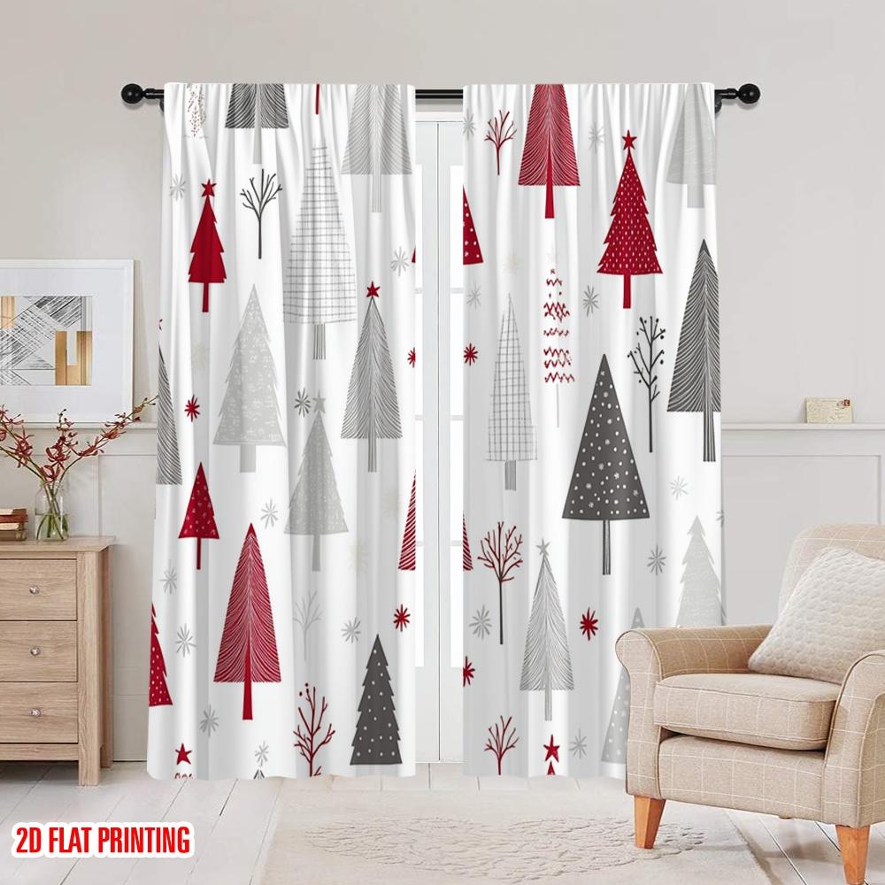 2pcs,2D plane printing Curtains Digital Printed Christmas Trees Red Grey Beige (3) Versatile 100% Polyester (without rod)