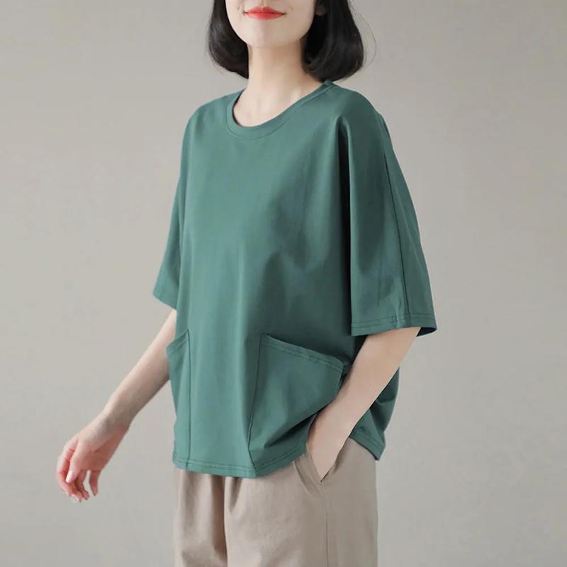 Bavlněné tričko Velká velikost Topy s krátkým rukávem Dámské Jaro a Léto Pohodlné Ležérní Spodní tričko Jednobarevné Kapsičkové topy Dámské