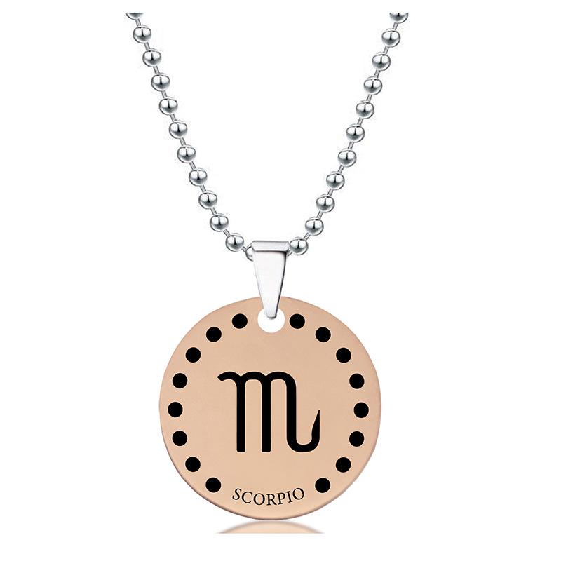 Rose Gold Stainless Steel Necklace with Twelve Constellations Engraved Round Tag - Christmas Holiday Gift