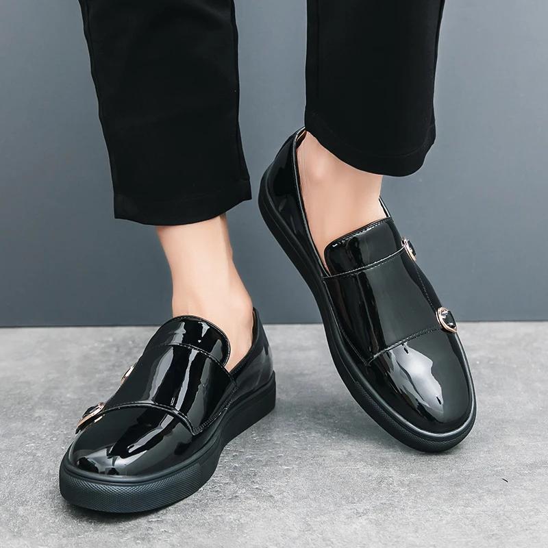 Fashion Men's Pointed Glossy Black Monk Strap Loafter Leather Casual Mens Shoes Man Male Formal Wedding Dress Shoes for Men