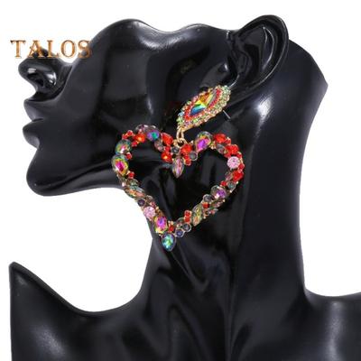 1 Pair Women Hanging Earrings Large Hollow Heart Colorful Rhinestone Decor Exaggerated Party Club Dating Dangle Earrings Ear Jewelry