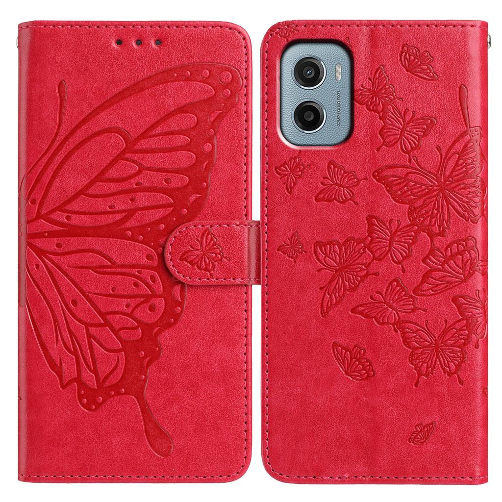 Schutzhülle mit Schmetterlingsmuster für Motorola Moto E15 4G/G05 4G: Klapphandyhülle aus PU-Leder mit Ständer und Tragegurt
