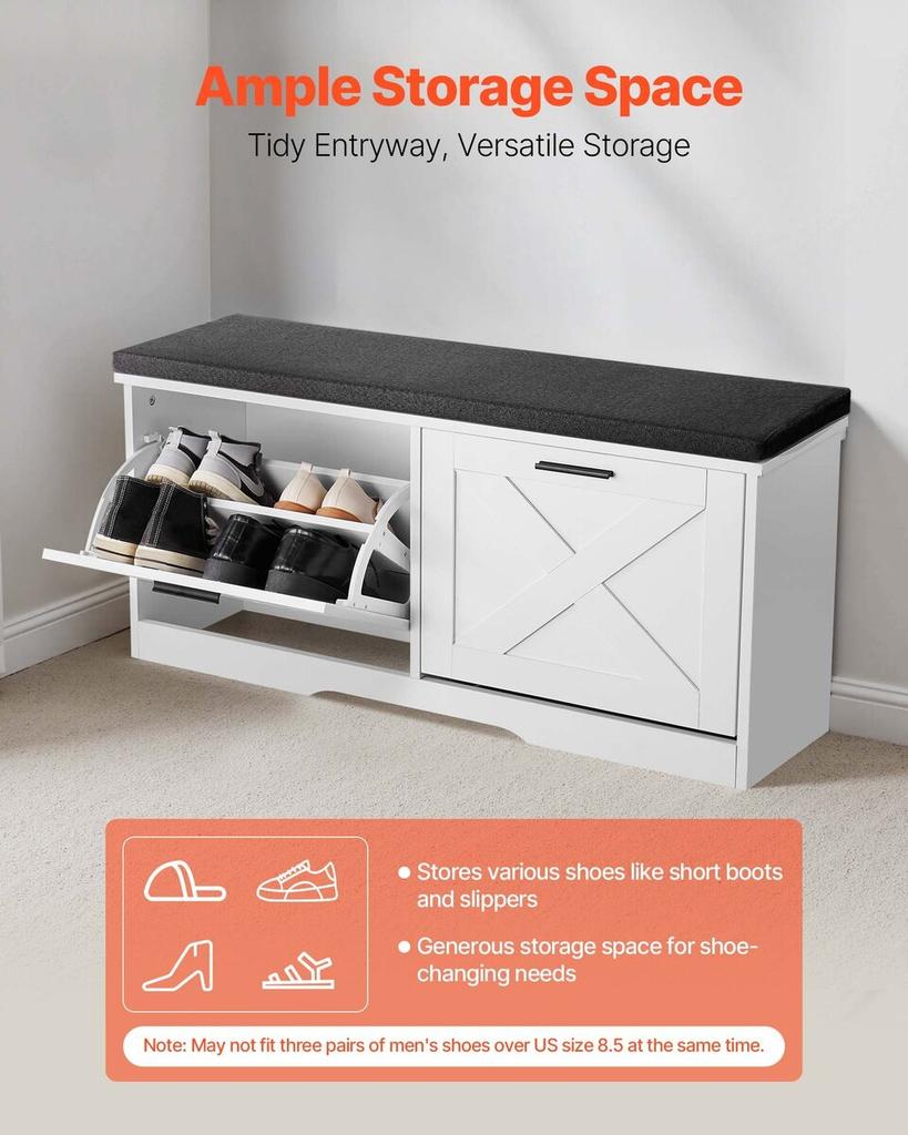 Entryway Shoe Storage Bench, 1000 x 305 x 475 mm Shoe Organizer with Flip Drawers, 440lbs Narrow Shoes Rack Bench with Cushion & Flip Doors, for